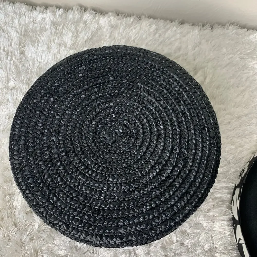 Black Straw Basket Floral Fabric Covered Lid 11 x5
